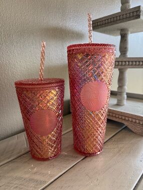 Starbucks Iridescent Pink and Gold Textured Cold Cups - Pair